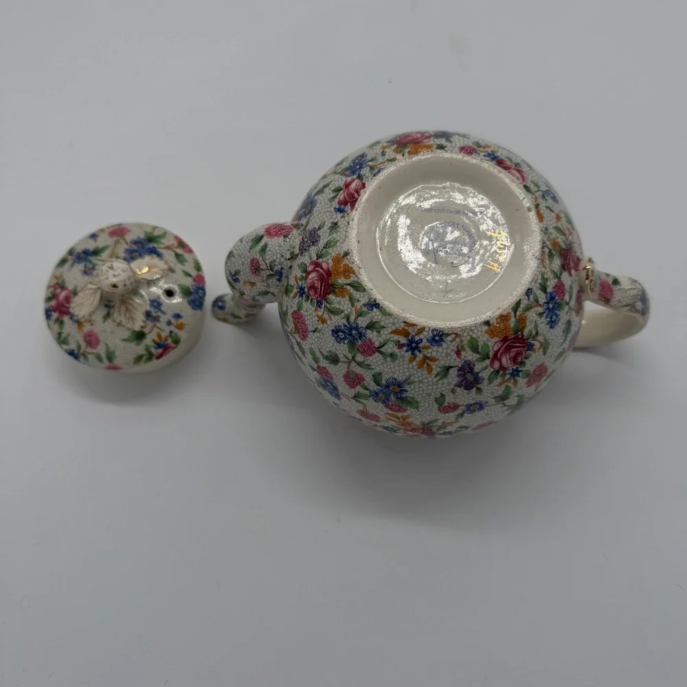 Royal Winton Grimwades Old Cottage Chintz Teapot Bird Finial Gold Trim Floral